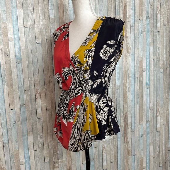 Anthropologie XS Baraschi Floral V Neck Anila Peplum Blouse Tank Top Faux Wrap - Picture 3 of 8